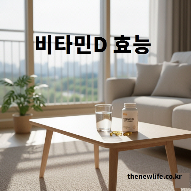 비타민D 효능 – 햇빛이 들어오는 거실 테이블 위 비타민D 영양제와 물컵