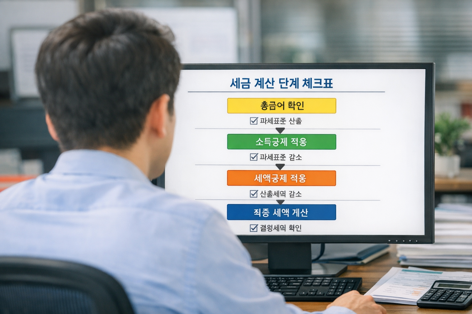 세금 계산 단계를 정리한 체크표 화면을 보고 있는 직장인의 뒷모습