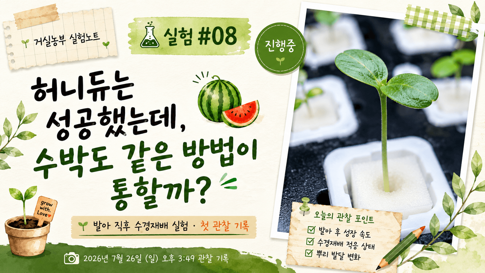 허니듀와 같은 방법으로 발아 직후 수경재배기에 옮긴 수박