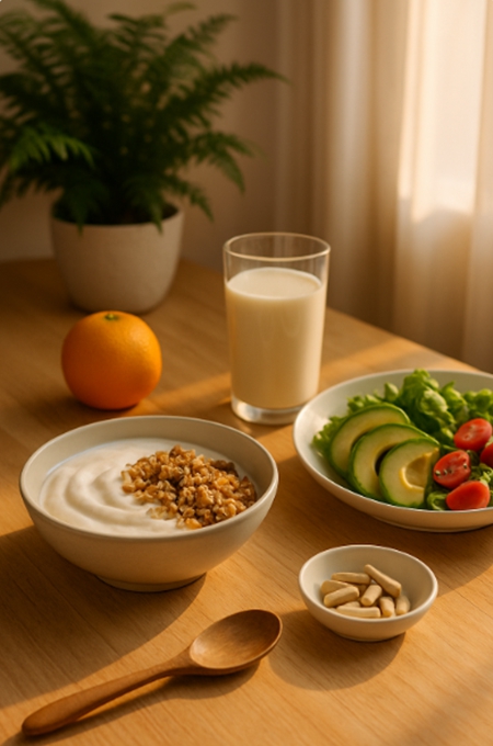 따뜻한 햇살 아래 요거트와 샐러드, 우유가 놓인 아침 식탁 &mdash; 장 건강과 소화 균형을 상징
