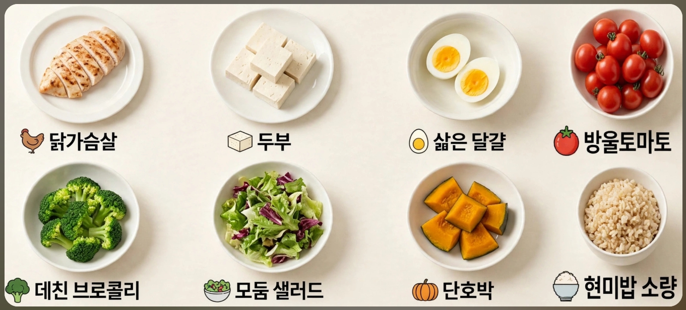 60대 고혈압 저염식단 8가지 - 닭가슴살 두부 삶은달걀 방울토마토 데친브로콜리 샐러드 단호박 현미밥