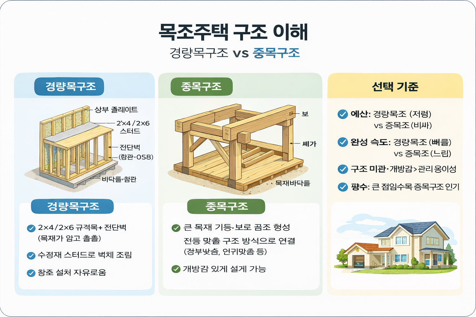 목조주택 구조 이해: 경량목구조/중목구조 차이와 선택 기준(경량목구조, 중목구조, 목조주택)