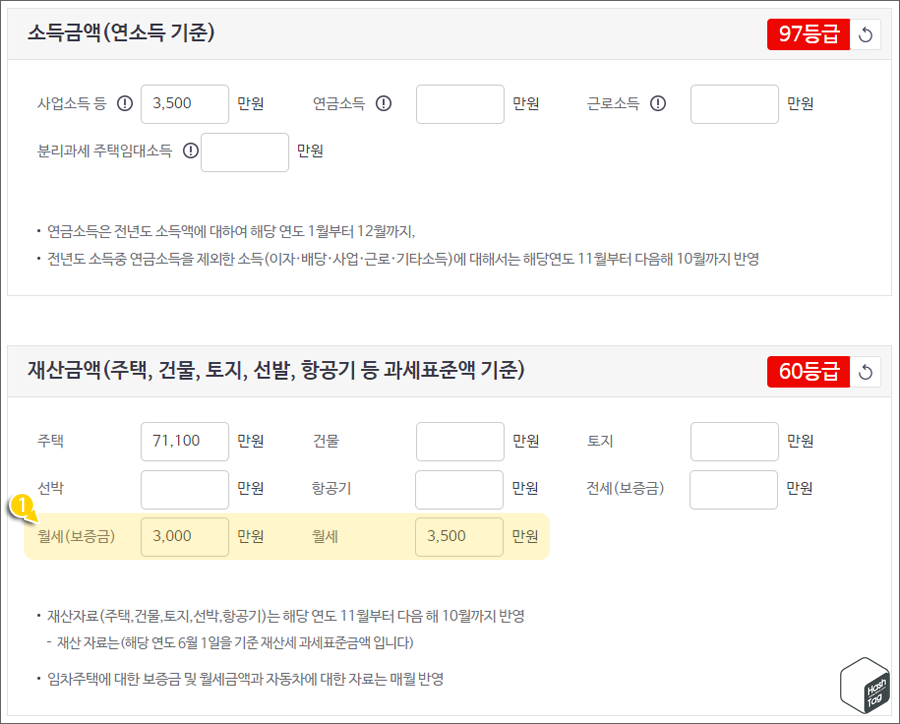 소득, 재산, 자동차 금액 변경 후 비교