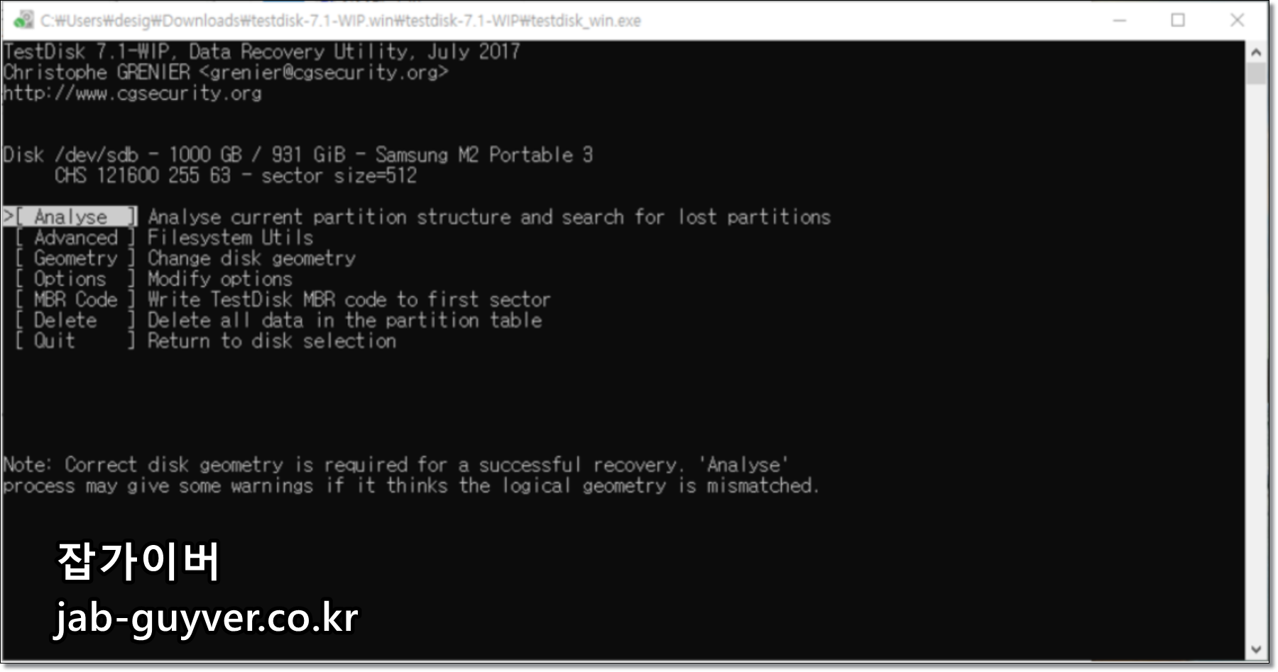 TestDisk 메뉴(Analyse/Advanced 등) 선택 화면