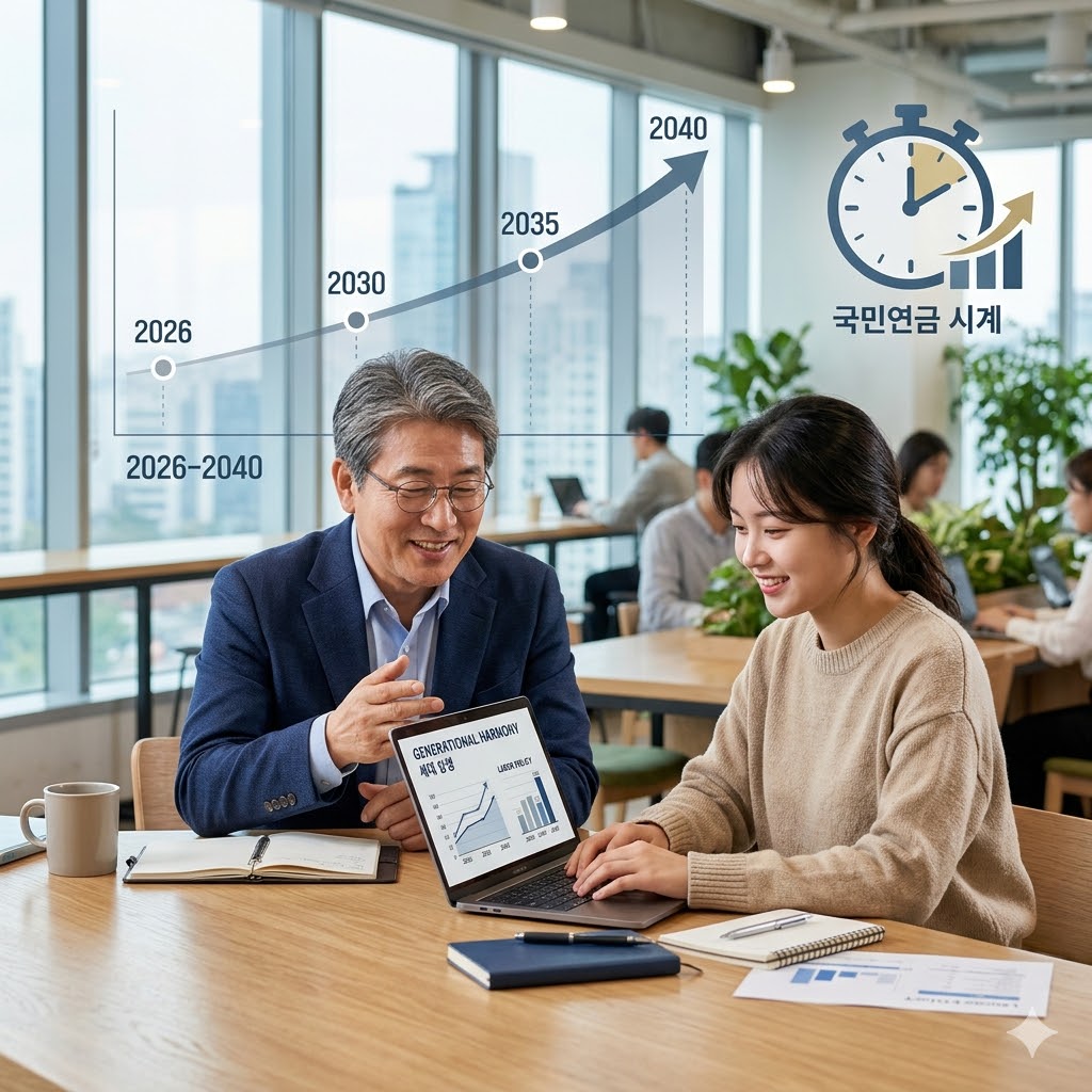 세대 화합과 미래 노동시장을 상징하는 따뜻하면서도 진지한 분위기. 50대 후반 경력 노동자와 20대 청년이 같은 테이블에서 노트북을 보며 대화하는 장면