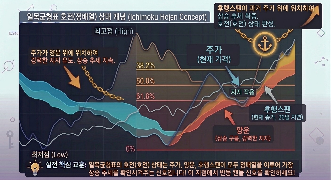 일목균형표 주가, 구름대, 후행스팬 정배열 '호전' 상태 예시