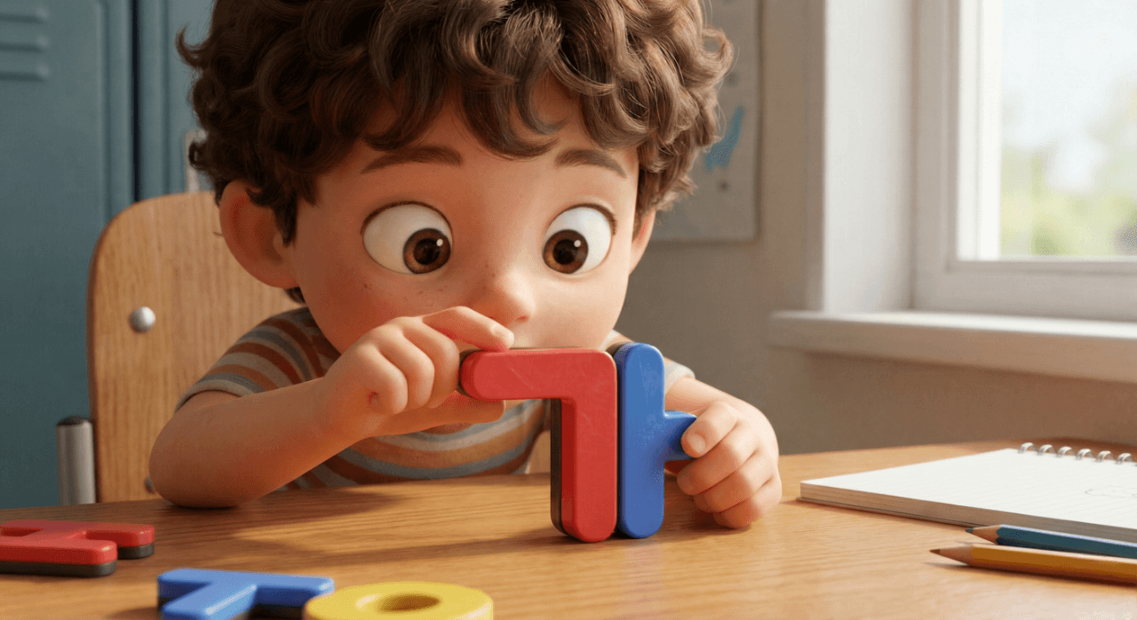 책상 위에서 'ㄱ' 자석과 'ㅏ' 자석을 합쳐 '가'를 만들며 신기해하는 7살 아이의 집중한 표정 (3D 일러스트)