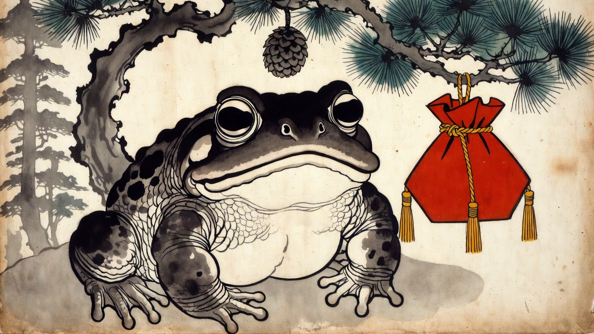 한국 전통 민화 스타일로 그려진 복과 행운의 상징 두꺼비