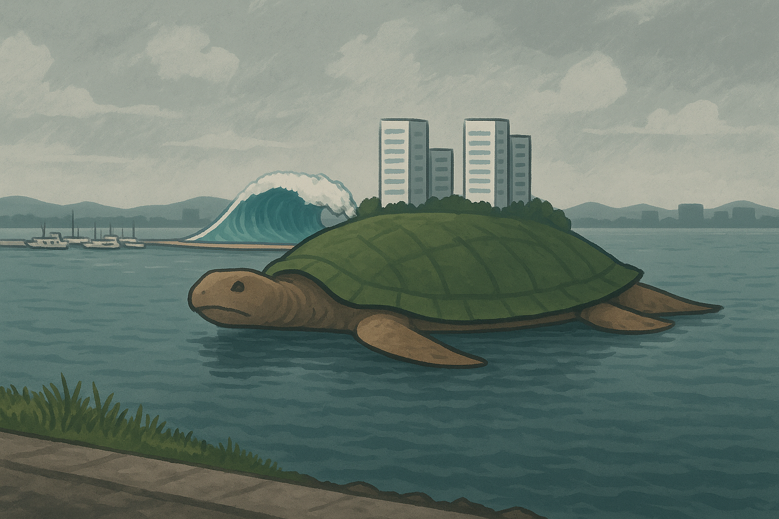 **“바닷가에 떠 있는 거북 모양의 인공섬 위에 고층 건물과 나무가 있고, 배경에는 인공 파도 시설과 요트들이 보이는 풍경”**