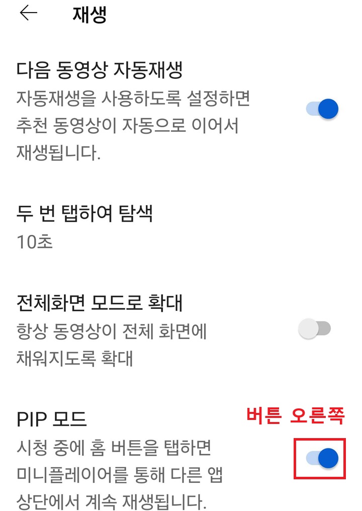 재생 페이지 하단에 PIP 모드 메뉴 보임
