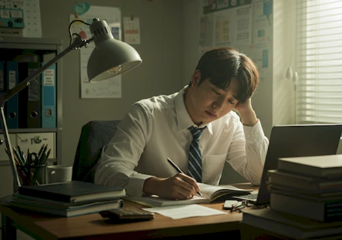 점심 식사 후 책상에서 졸음에 지쳐 집중하지 못하는 한국인 직장인 모습 현실적인 사진