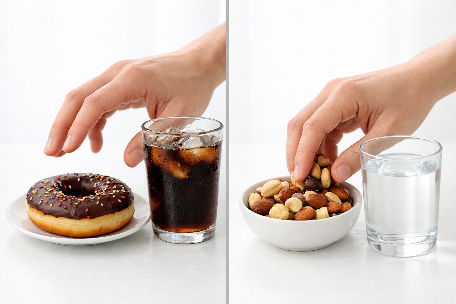 도넛과 탄산음료, 혼합 견과류 한 줌과 물 한 잔