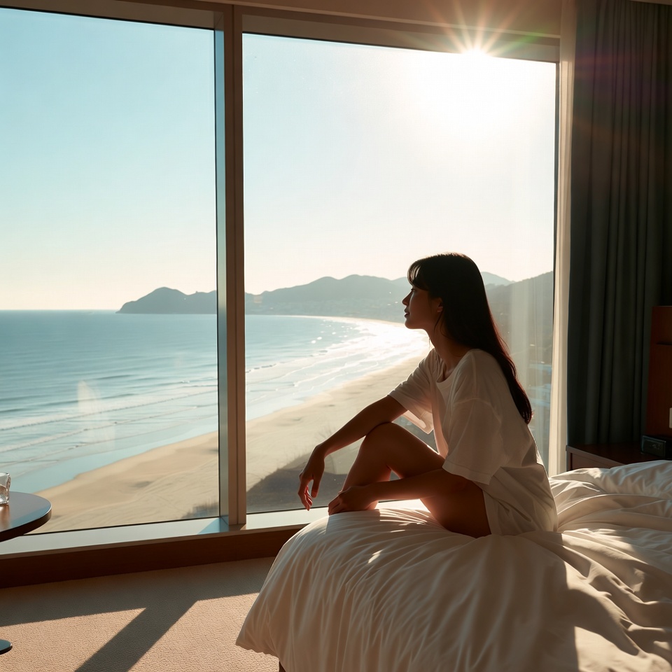 20대 한국여성이 에어비앤비 숙소 침대에 앉아서 창 밖을 바라보고 있는 모습