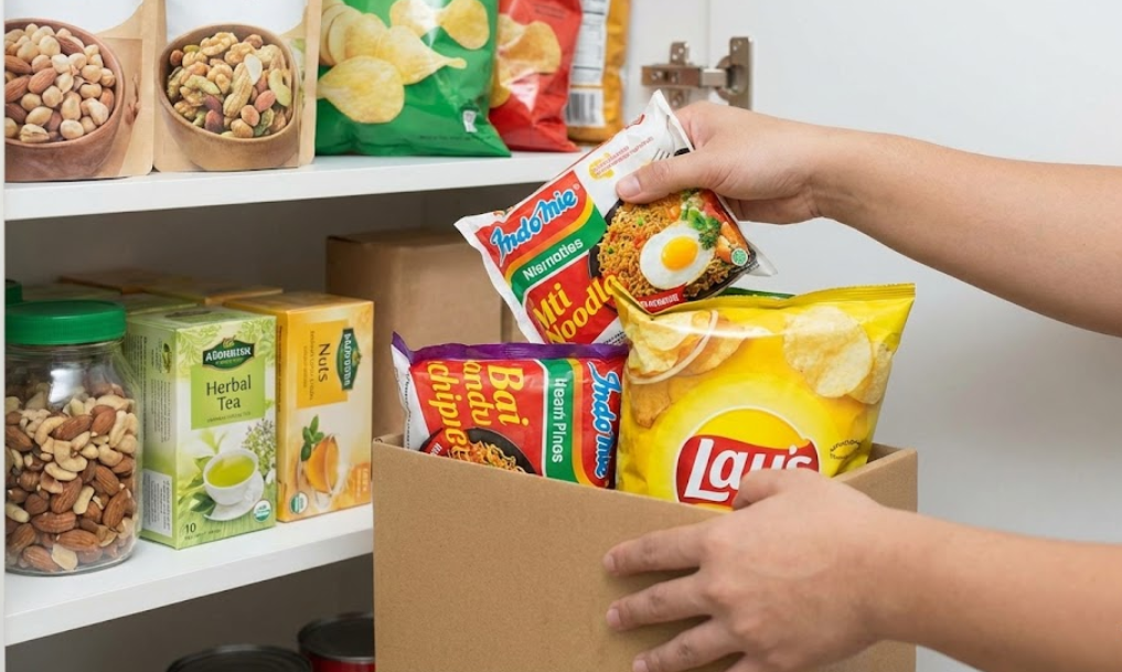 인스턴트식품을 치우는 손동작을 클로즈업