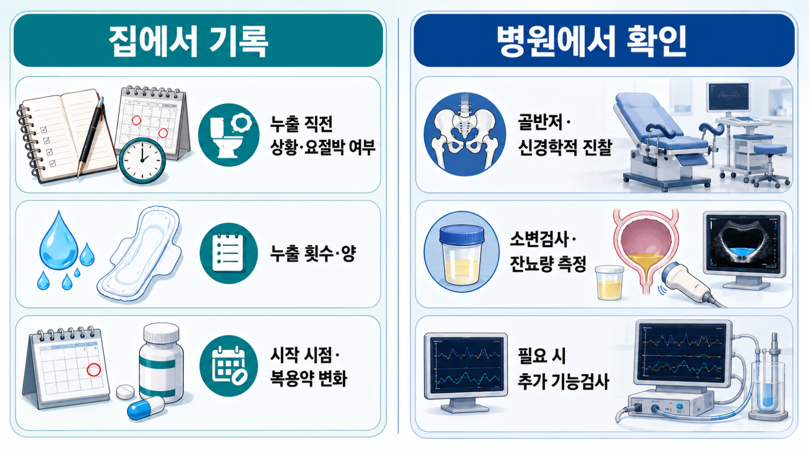 요실금 증상에서 집에서 기록할 정보와 병원 진찰&middot;소변검사&middot;잔뇨검사&middot;추가 기능검사 비교