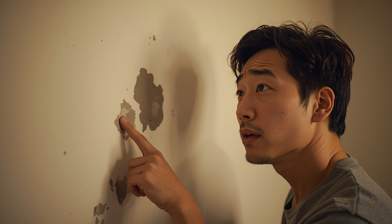 벽지 곰팡이 상태를 확인하며 고민에 빠진 남성