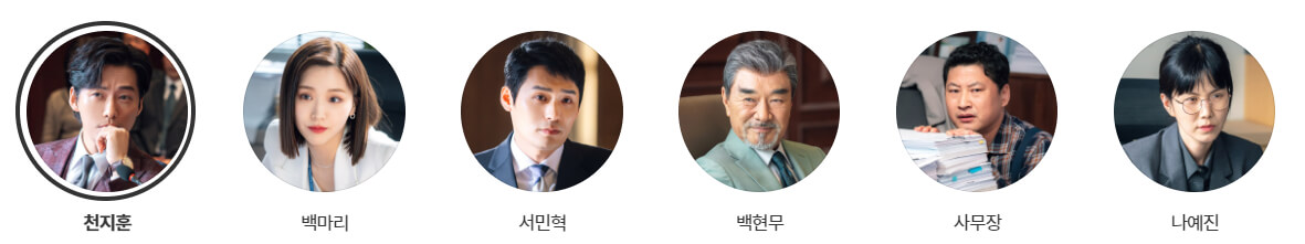 천원 짜리 변호사 주요 등장인물이 나온 사진. 왼쪽부터 천지훈 백미리 서민혁 백현무 사무장 나예진