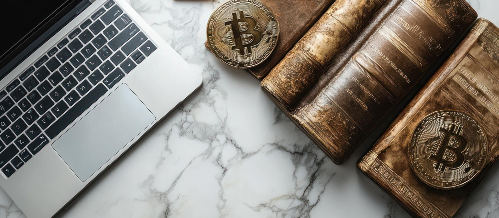 노트북과 비트코인 코인, 오래된 책들이 대리석 책상 위에 놓여있는 모습