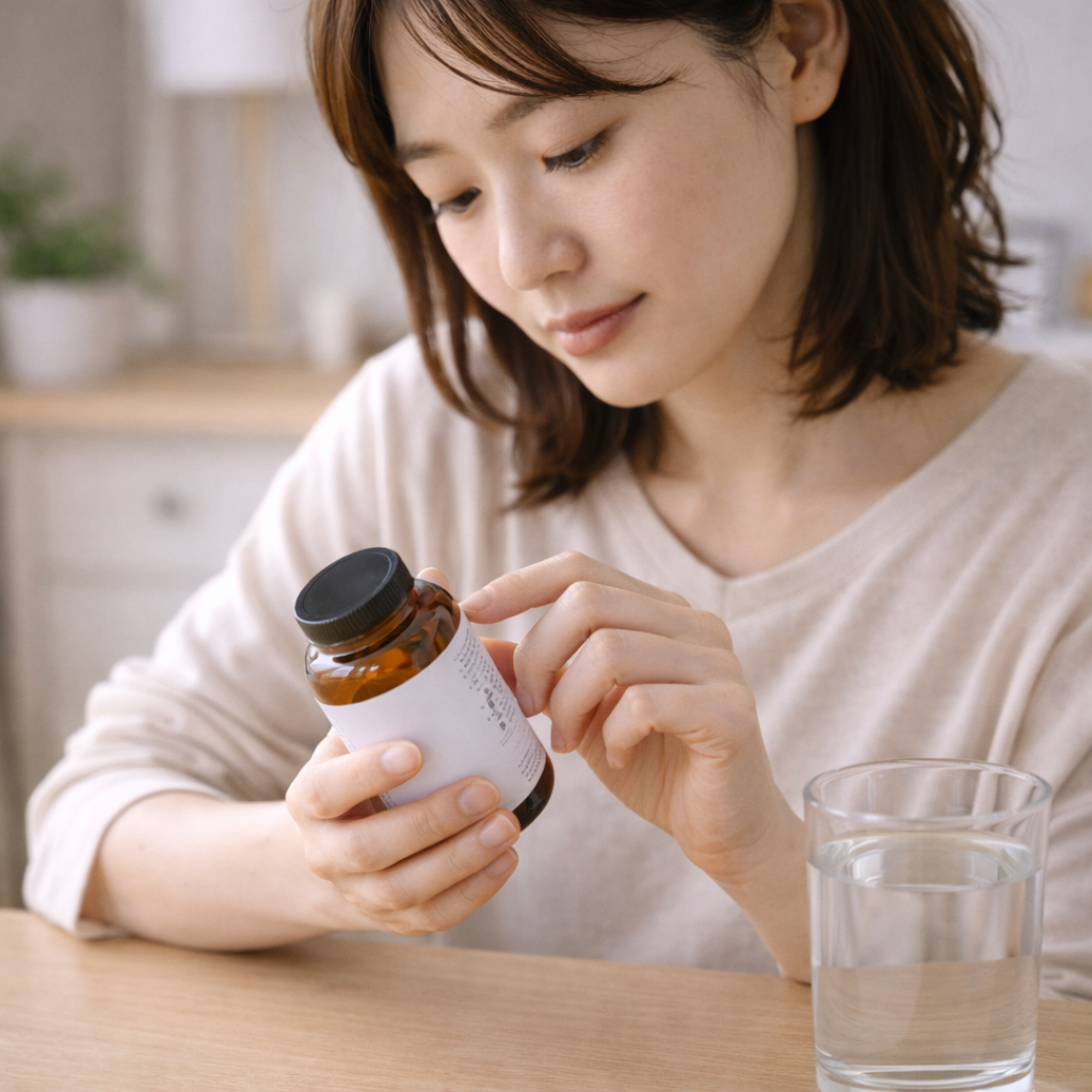 비타민 D 영양제 복용량을 확인하며 주의하는 모습