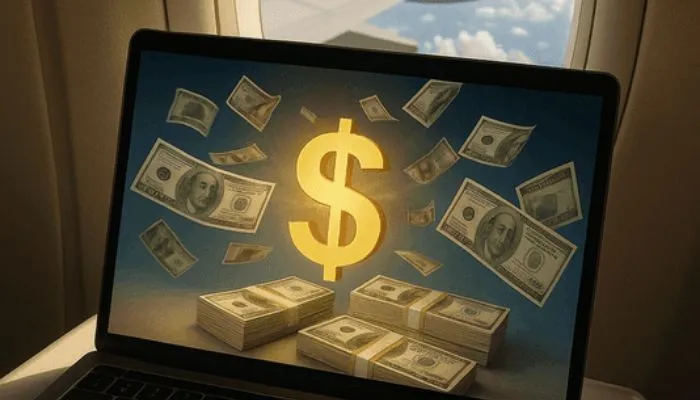 노트북 화면 속 금색 달러 기호와 미국 달러 지폐 더미가 함께 보이는 장면, 환율 상승과 달러 자산 가치를 상징