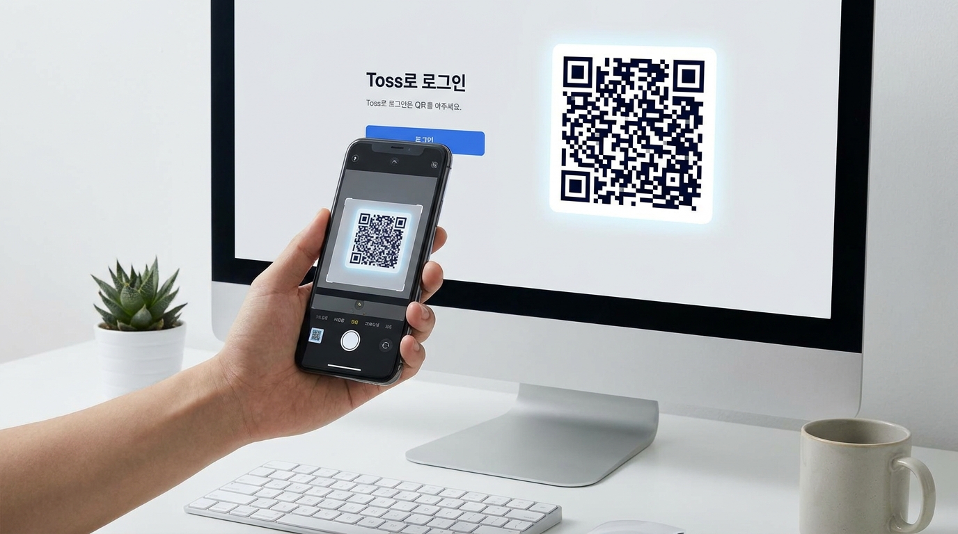 토스증권 PC 버전 로그인을 위해 스마트폰으로 QR 코드를 촬영하는 모습