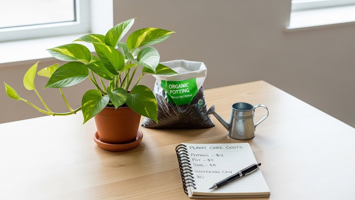 책상 위에 놓인 작은 실내 식물과 화분, 흙, 물뿌리개 등 기본 관리 용품 모습. 실내 식물 관리에 드는 현실적인 비용을 설명하는 대표 이미지.