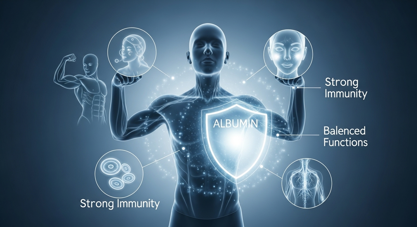 활력 넘치는 사람의 모습과 근육, 피부, 면역력 등 알부민의 다양한 효능을 시각적으로 표현한 이미지
