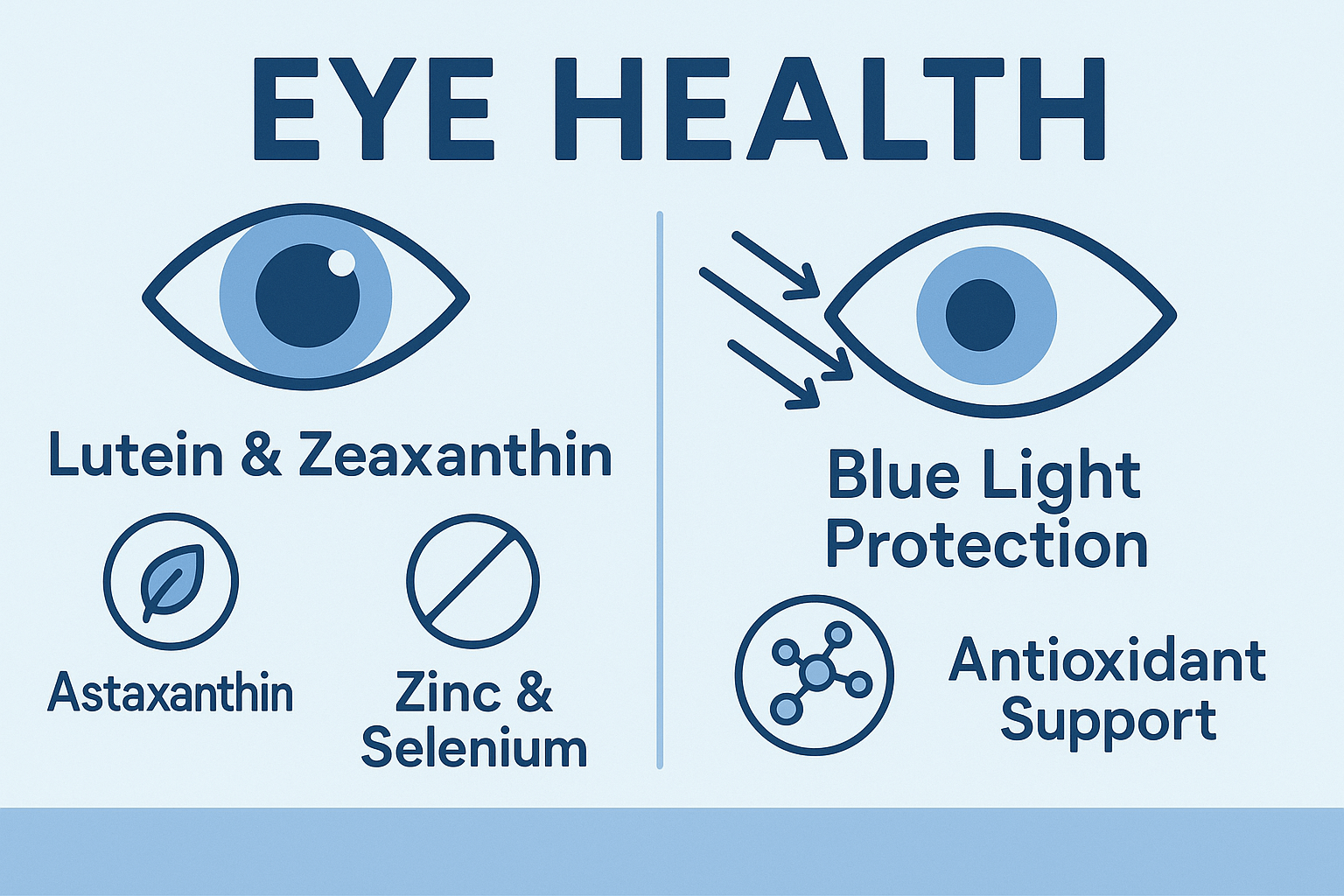 눈 건강 인포그래픽: 루테인&middot;지아잔틴, 아스타잔틴, 아연&middot;셀레늄, 블루라이트 보호, 항산화 서포트