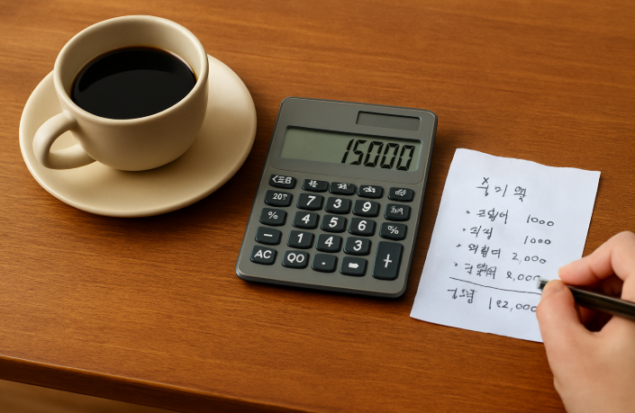 지출 내역을 적는 손, 계산기와 커피잔이 놓인 테이블