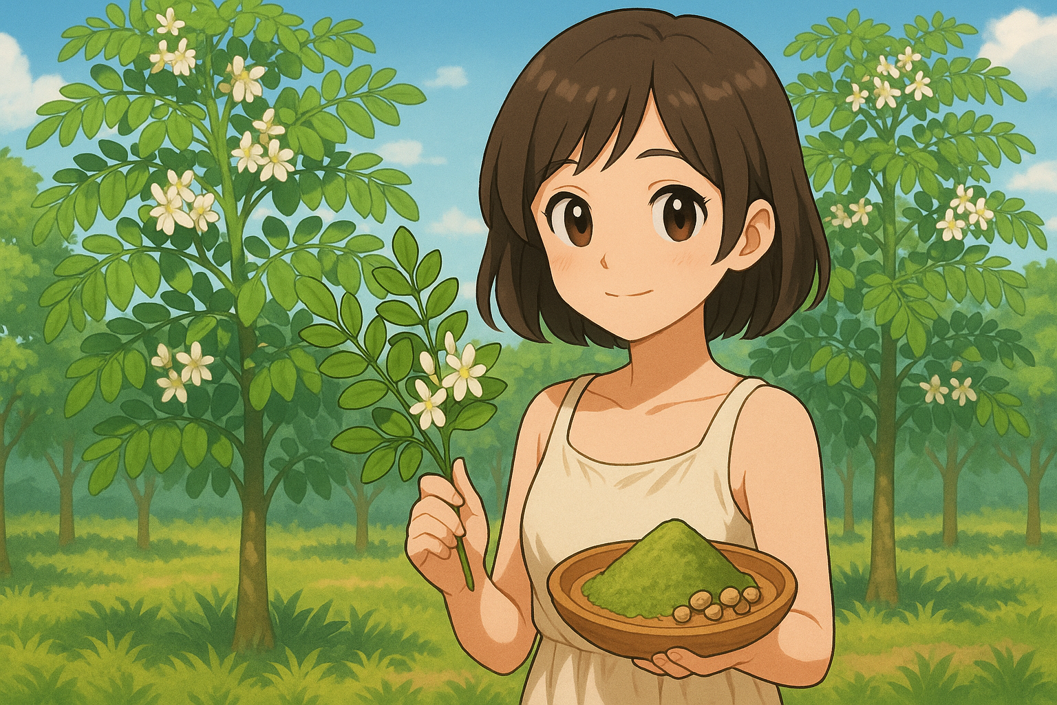 모링가 나무 숲 속에서 모링가 잎 가지와 분말, 씨앗을 들고 있는 젊은 여성. 모링가의 자연 치유력과 이너뷰티 효능을 상징하는 따뜻한 일러스트.