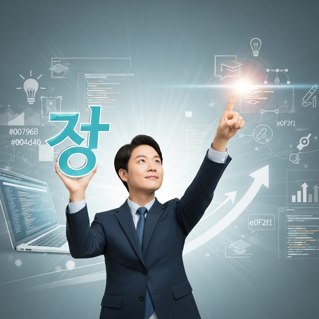 미래를 향해 자신감 있게 나아가며 국민내일배움카드를 들고 있는 한국인. 뒤로는 직업 훈련과 자기 계발을 상징하는 디지털 및 전문적인 요소들이 틸-라이트그레이 색상 테마로 어우러져 있다.