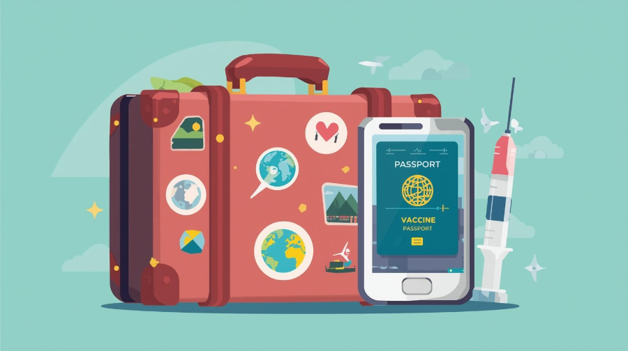 여행용 가방, 예방접종 증명서, 주사기를 함께 배치한 여행 전 예방접종 컨셉 이미지