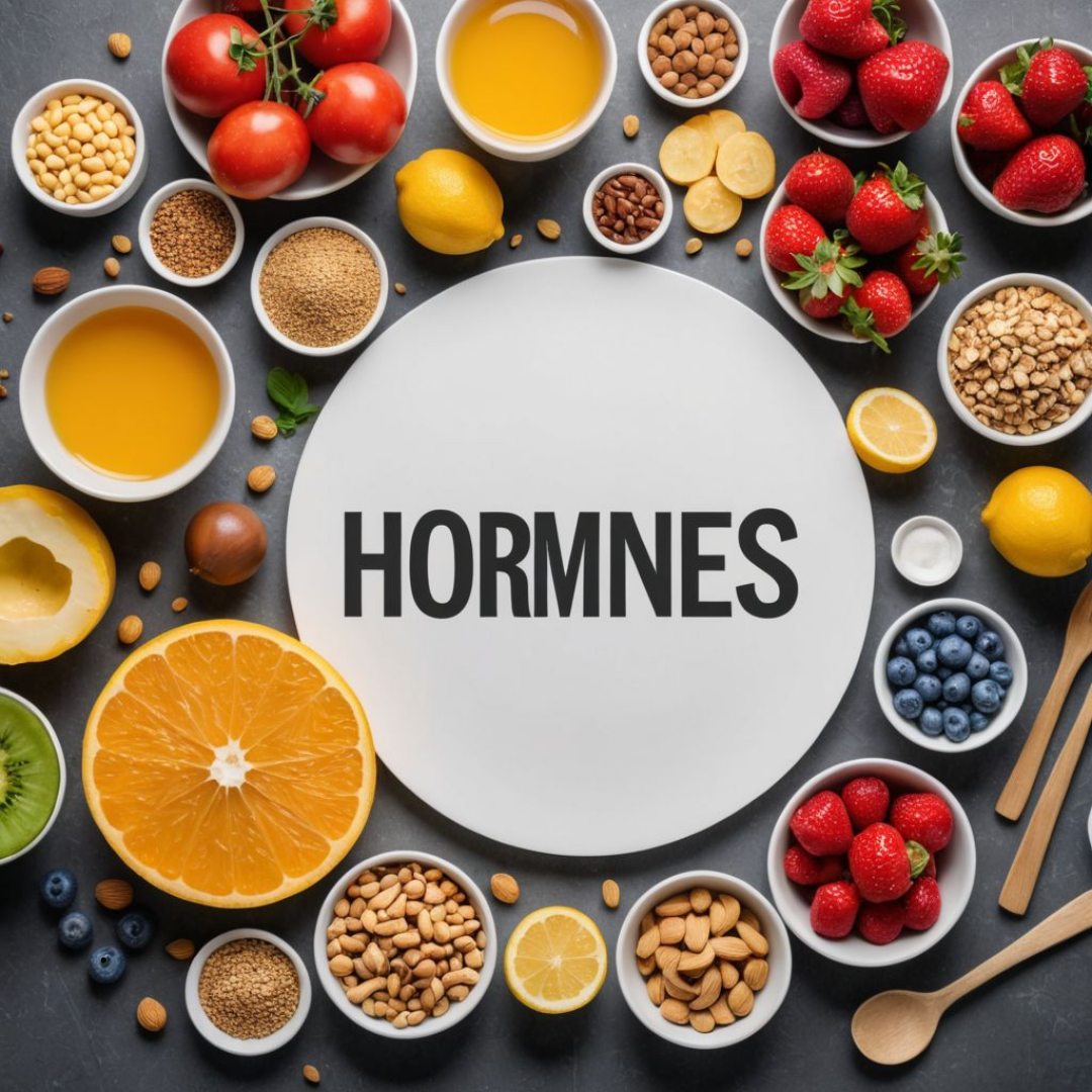 &quot;호르몬(Hormones)&quot;이라는 텍스트가 중앙 원형 접시에 적혀 있고, 접시 주변에 과일, 견과류, 씨앗류, 주스 등 다양한 건강 식품이 놓여 있다.