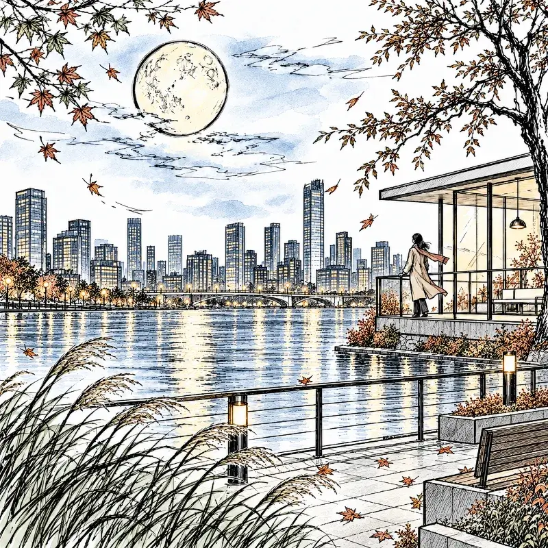 Bright autumn moon over a modern city river with a gentle breeze