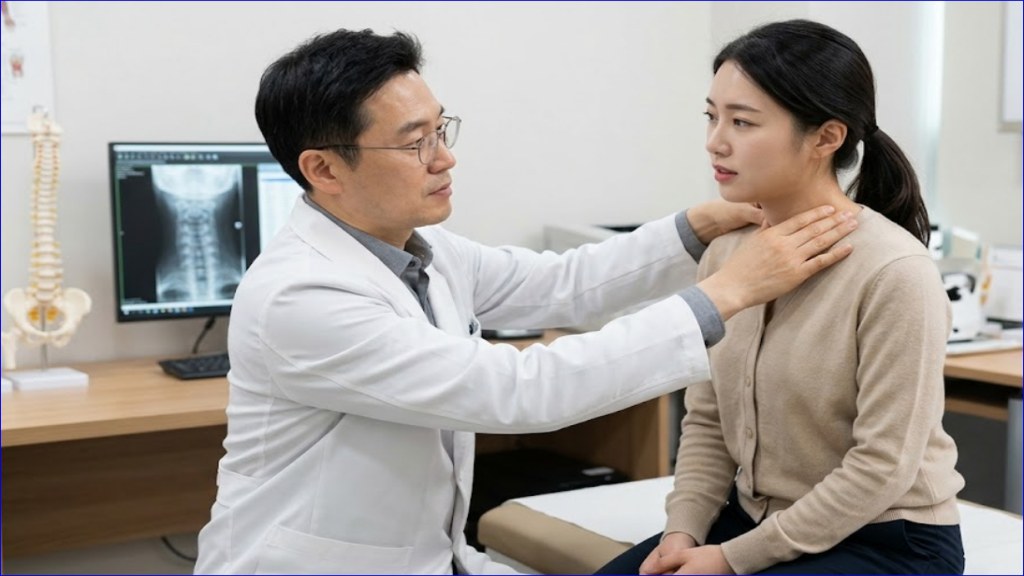 의사 선생님에게 진료 받는 모습. 목에서 뚝뚝소리 나는 이유