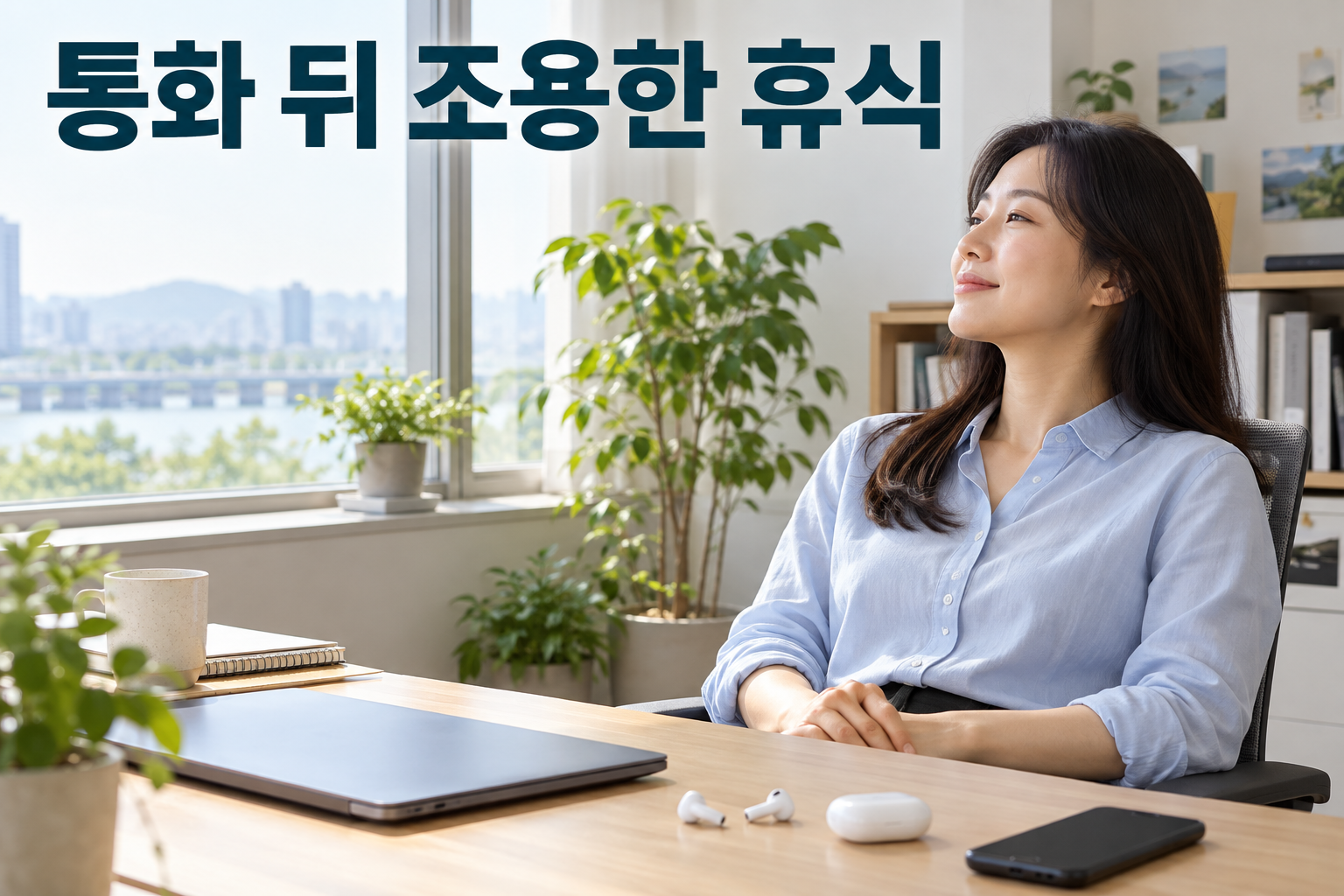 통화 뒤 이어폰을 벗어 책상에 두고 쉬는 성인