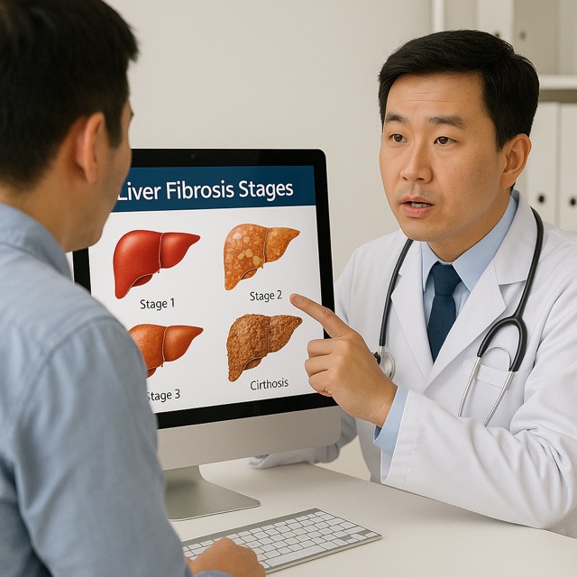 의사가 진료실에서 환자에게 간섬유화 단계를 설명하는 모습(출처: 자체제작)
