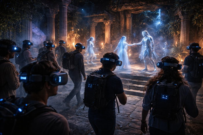 VR 기술과 실물 세트가 결합된 미래형 이머시브 연극 장면