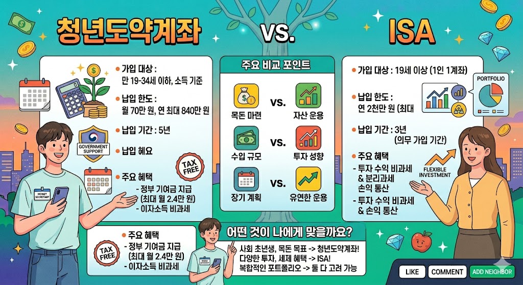 청년도약계좌와 ISA의 구조 및 혜택 비교 인포그래픽