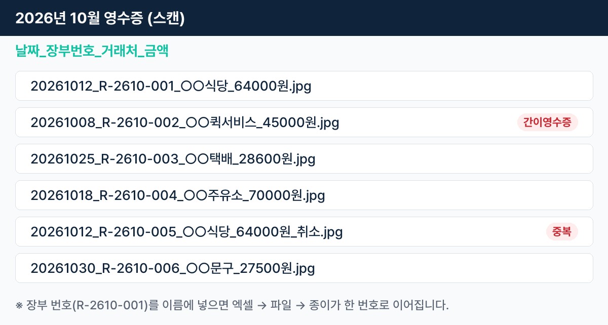 파일 이름 예시: 날짜_장부번호_거래처_금액