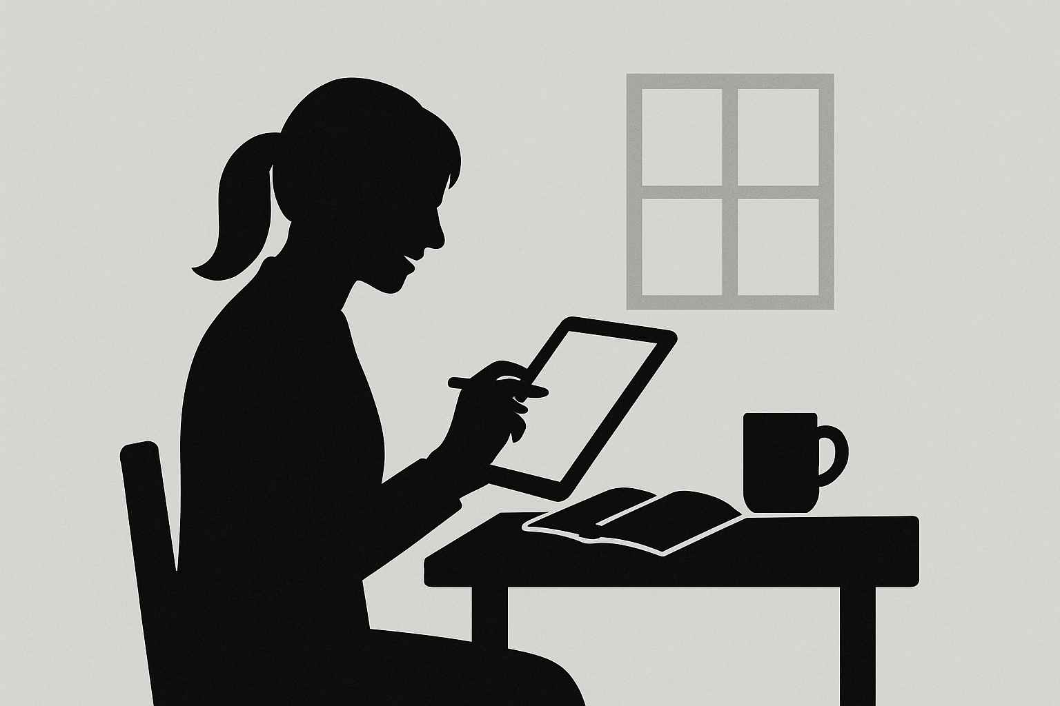 책상에 앉아 태블릿으로 공부 중인 여성의 실루엣, 책과 커피잔, 창문이 함께 구성된 워라밸 이미지
