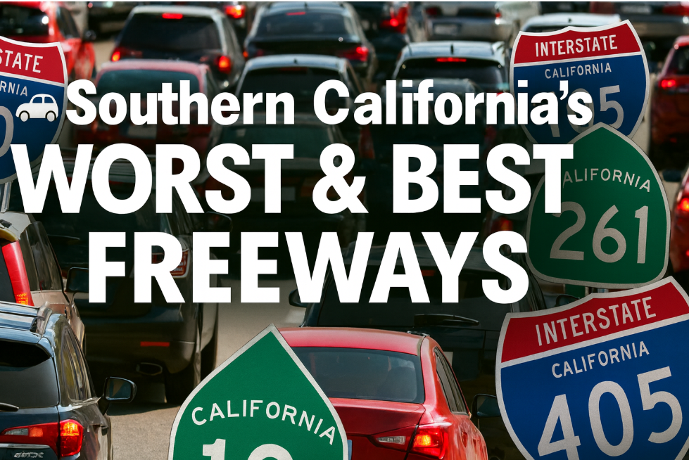 남가주의 악명 높은 프리웨이들 – 10번, 405번, 261번 등이 동시에 등장하며 혼잡한 교통 상황을 표현한 이미지.”