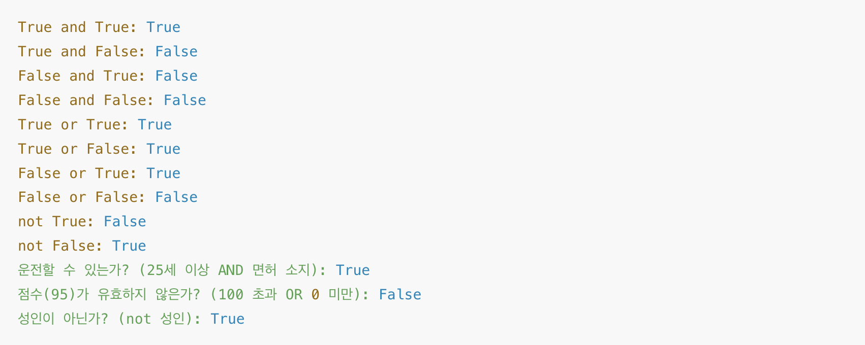 파이썬 논리 연산자 예시
