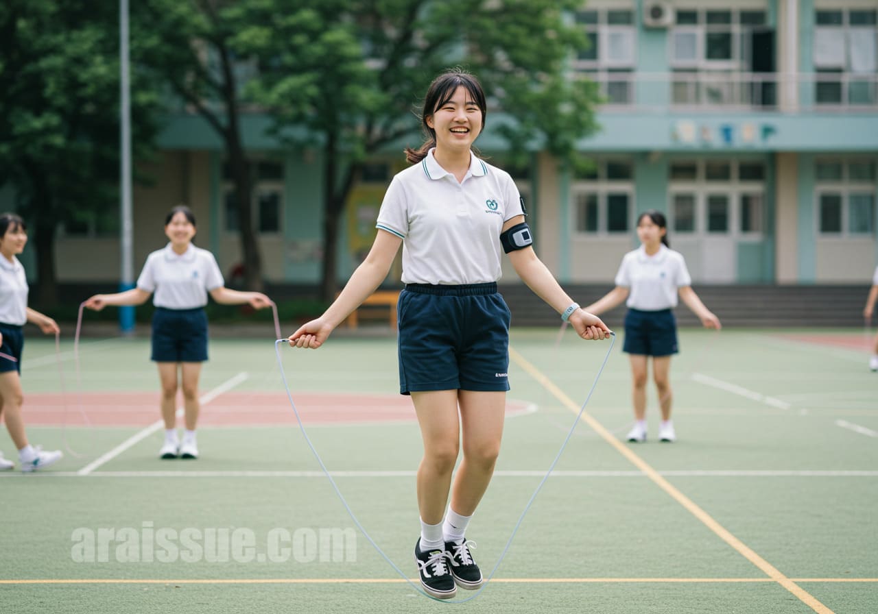팔에 CGM을 부착하고 친구들과 뛰노는 소아 당뇨 아동 모습