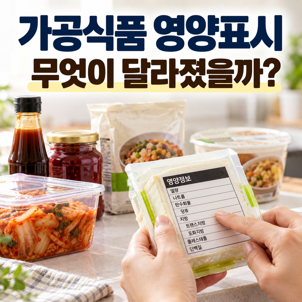 김치와 가공식품 옆에서 두부 제품 영양정보를 살펴보는 손과 영양표시 확대 제목