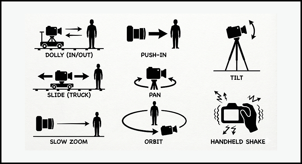 Dolly, Push-in, Slide, Orbit, Tilt, Pan, Zoom-out 등 카메라의 움직임 방향성을 화살표 아이콘으로 정리한 인포그래픽_Nanobanana Pro