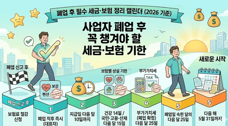 사업자 휴업-폐업 후 꼭 해야 할 일: 사업자 폐업 후 필수 세금 및 보험 정리 기한을 단계별로 보여주는 2026년 기준 캘린더 일러스트. 1단계: 폐업 직후 대표자 건강보험 감면 및 국민연금 납부예외 신청, 2단계: 급여 지급일 다음 달 10일까지 원천세 신고, 3단계: 건강보험 14일 이내 및 국민·고용·산재보험 다음 달 15일까지 상실 신고, 4단계: 폐업일 속한 달의 다음 달 25일까지 부가가치세 확정 신고, 5단계: 다음 해 5월 31일까지 종합소득세 신고 일정을 순서대로 설명합니다. 밝은 민트와 아이보리 톤의 배경에 각 단계를 상징하는 아이콘과 함께 전문가가 체크리스트를 확인하며 미래를 향해 나아가는 긍정적인 모습이 그려져 있습니다