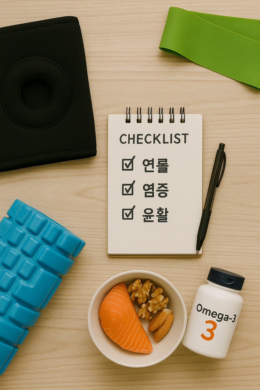 오메가-3 캡슐과 연어·호두 등 식품 소스가 함께 놓인 상단샷