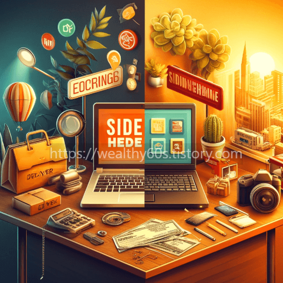 본업과 부업이 한 책상에서 반반씩 나눠진 모습