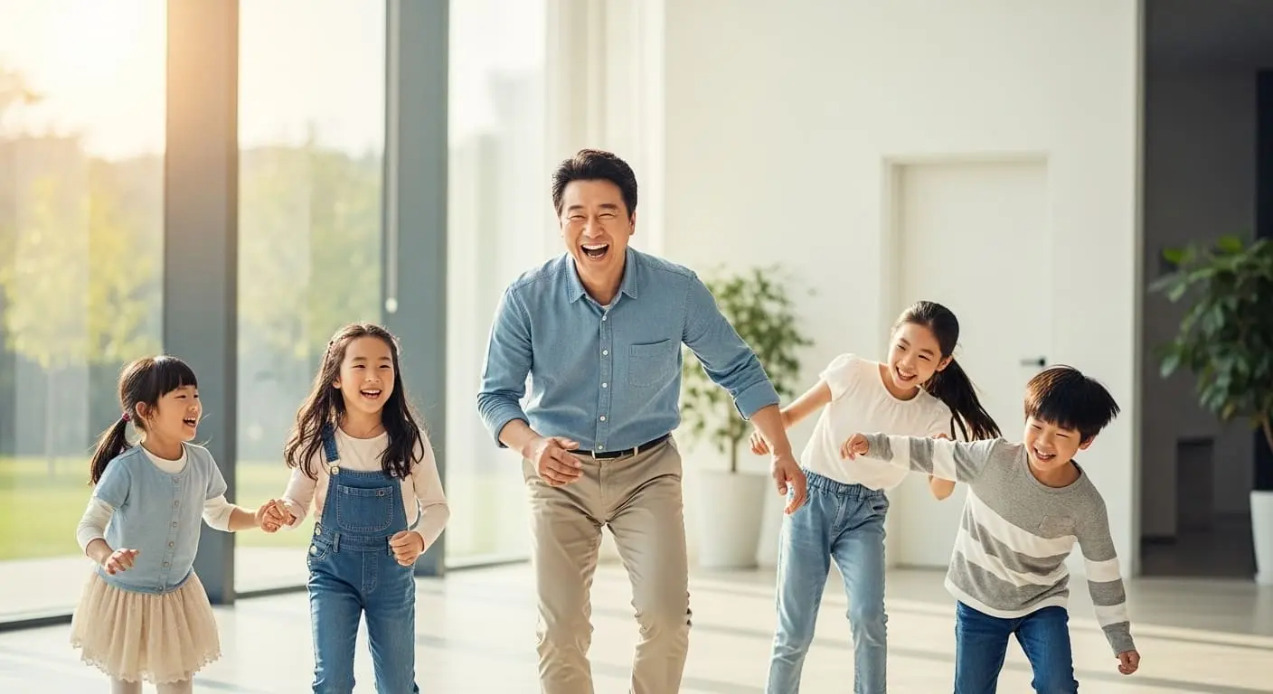 챌린지 성공 후, 아이들과 함께 활기차게 놀아주는 젊어진 모습의 중년 아빠.